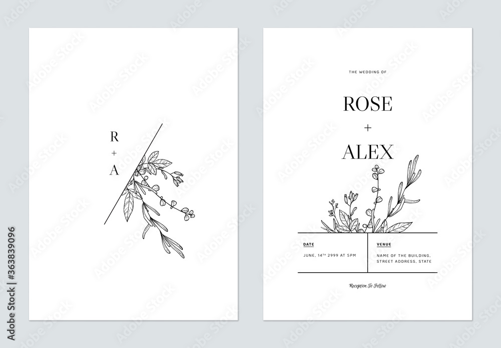 Minimalist floral wedding invitation card template design, floral line art ink drawing on white Minimalist floral wedding invitation card template design, floral line art ink drawing on white