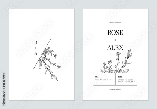 Minimalist floral wedding invitation card template design, floral line art ink drawing on white
