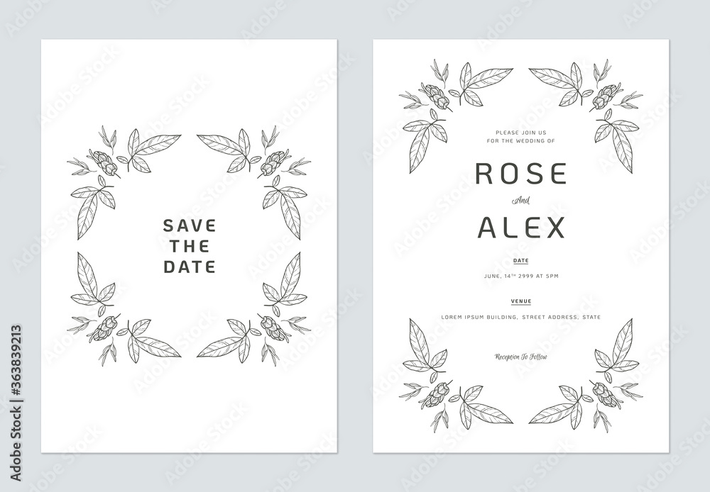 Floral wedding invitation card template design, floral line art ink drawing on white