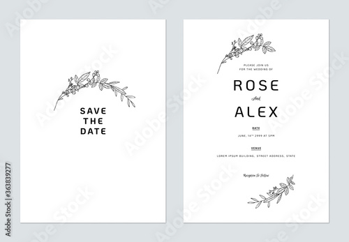 Minimalist floral wedding invitation card template design, floral line art ink drawing on white