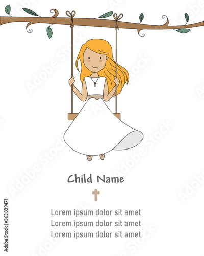 Invitation my first communion.  Girl on a swing. Isolated vector