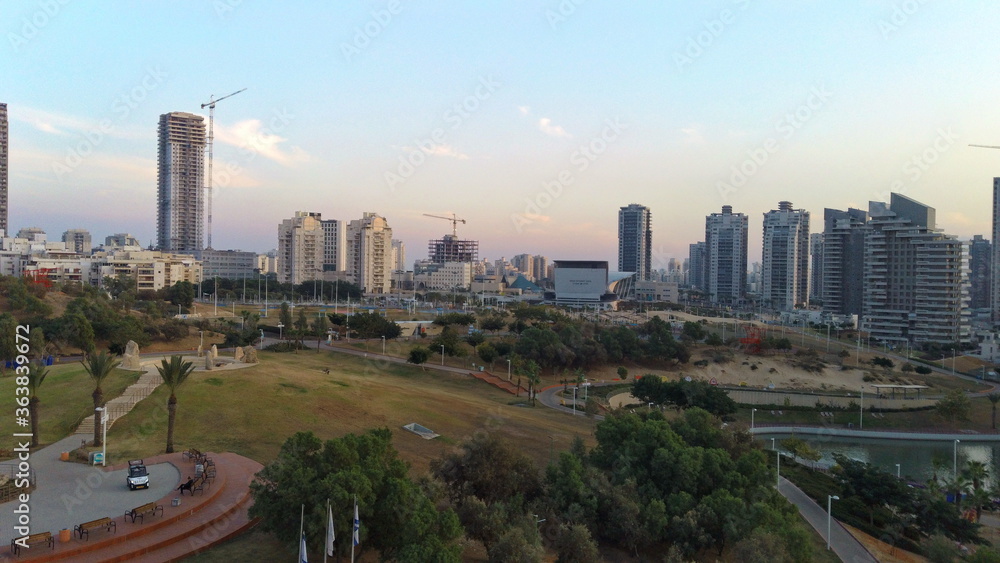 Fototapeta premium View from height of Ashdod city from Ashdod Yam Park, summer evening, Israel