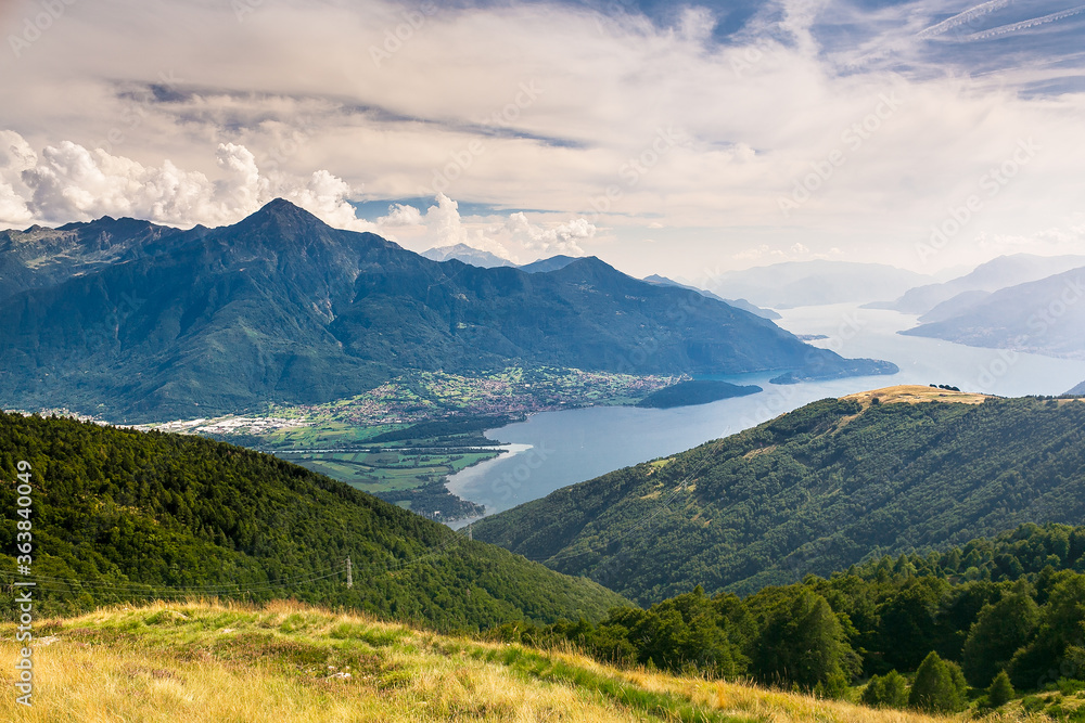 Lake Como from a height of 2900 meters, view from a local Italian village in the mountains
