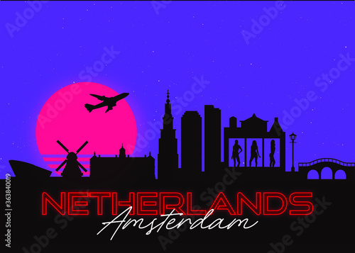 Amsterdam, Netherlands Skyline Red Light District Landscape Neons