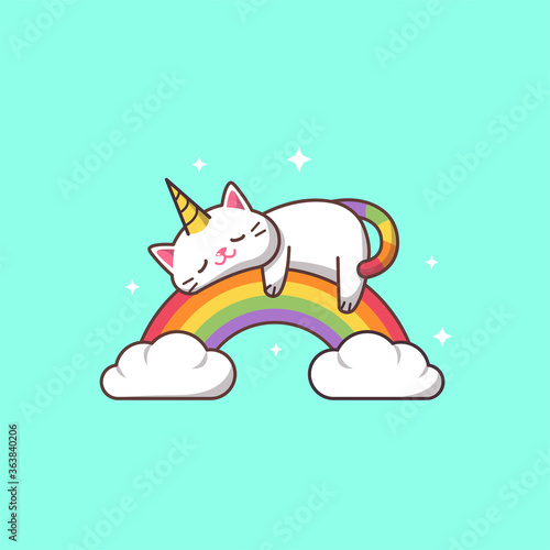The Cute Unicorn Cat is Sleeping on a Rainbow
