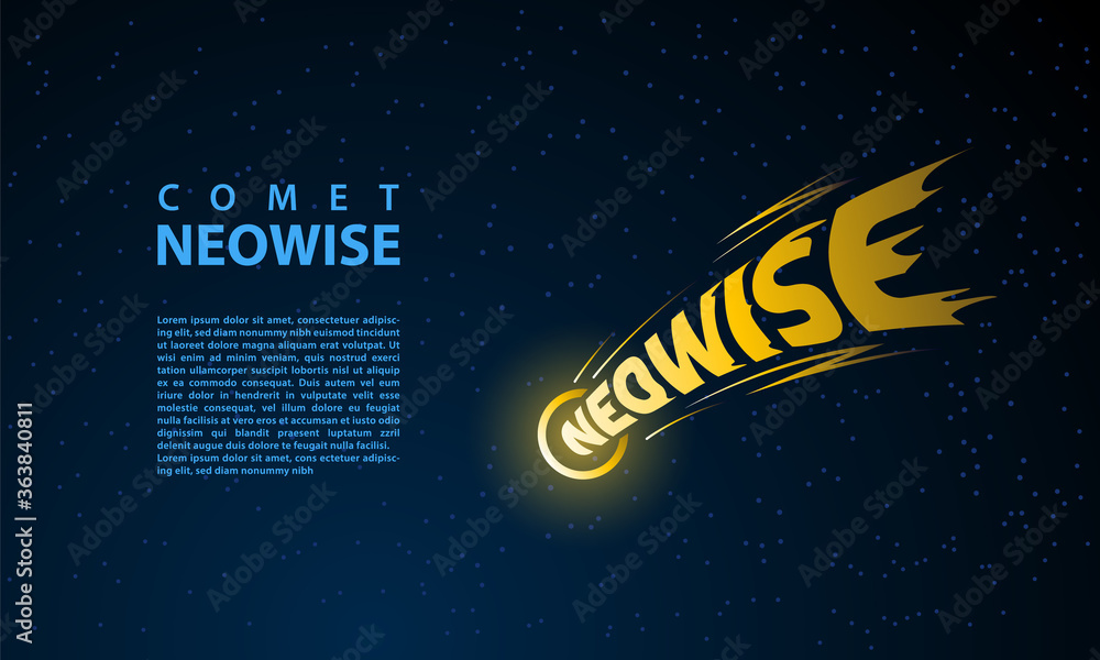 Comet Neowise lettering emblem on stars background. Vector banner template with comet symbol. - obrazy, fototapety, plakaty 