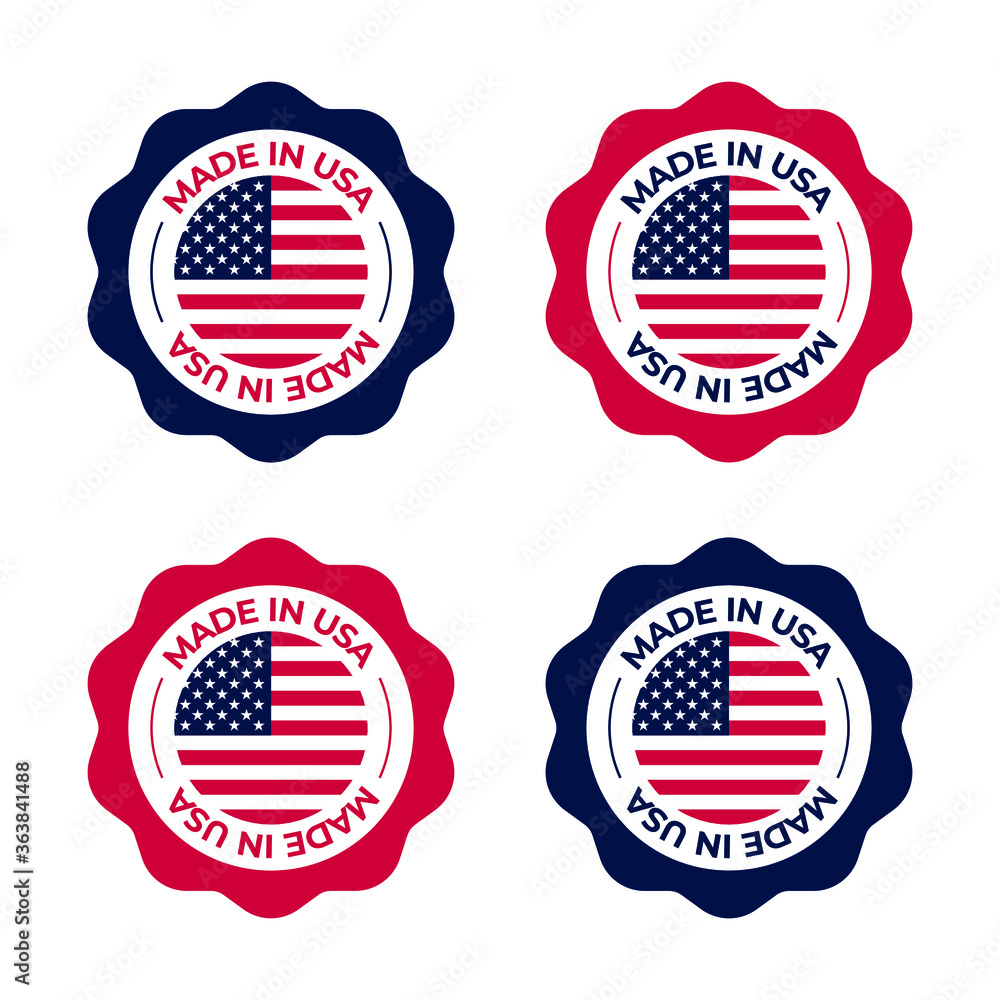 Made in USA badge emblem design vector illustration inspired by style of United States of America red, white, blue national flag Made in USA badge emblem design vector illustration inspired by style of United States of America red, white, blue national flag