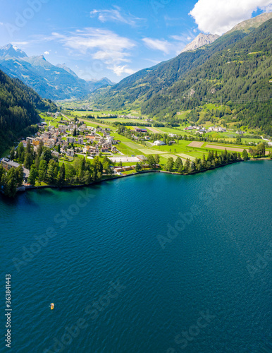 Poschiavo valley  Switzerland  aerial view of the village of Le Prese from the Poschiavo lake