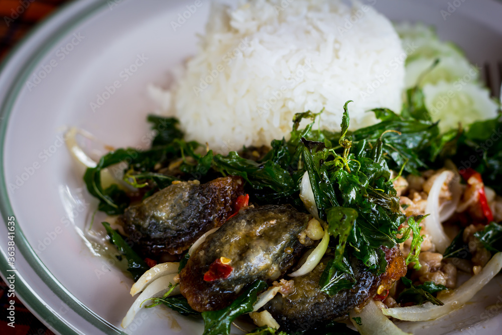  STIR FRIED CRISPY BASIL WITH PORK AND BLACK PRESERVED EGGS