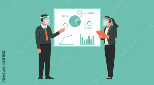 businessman and businesswoman chatting together and wearing face shield and mask maintain social distancing