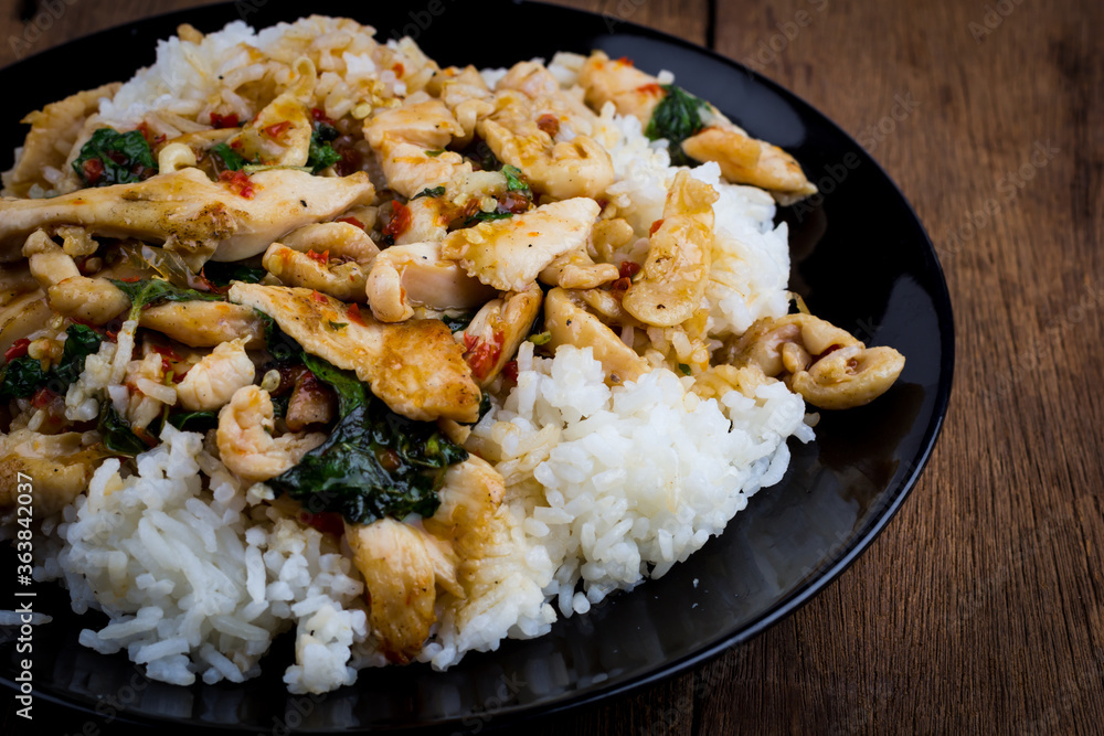 Spicy Fried basil leaf with chicken and rice Spicy Fried basil leaf with chicken and rice