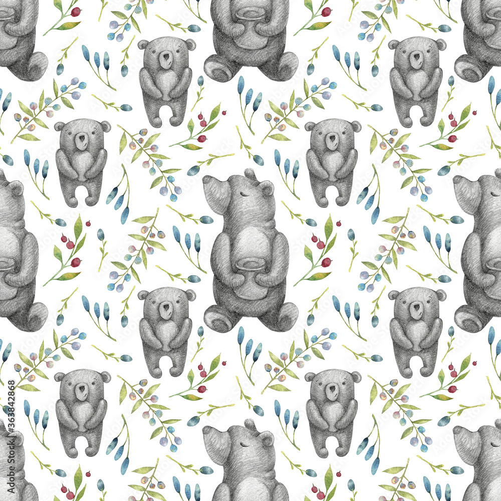 Seamless pattern with watercolor blue daisies and green branches and cute black and white bears on a white background