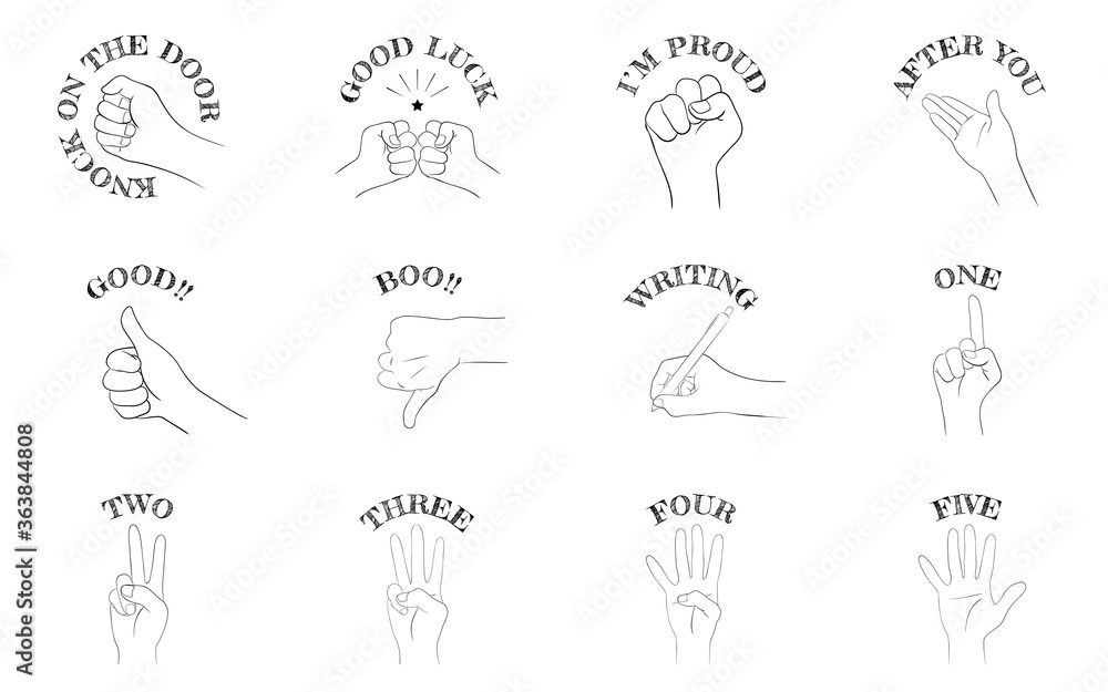 ハンドサインのアイコンセット12種類 コミュニケーションや数字 ベクターイラスト Stock Vector Adobe Stock