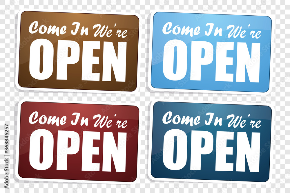 Collection sign Come in we are Open, with shadow isolated. advertising sign for entrance doors, store opening