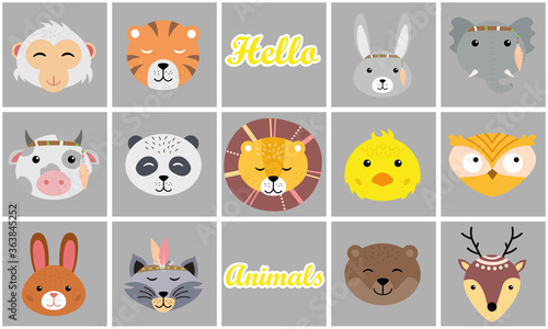 Cartoon cute animals for baby card and invitation. set of various cartoon muzzles isolated on white background. Colorful hand drawn vector illustration