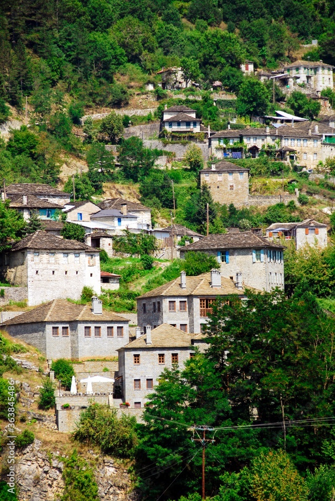 Panoramic view of the traditional stone-made Kipoi village, one of the 45 villages known as Zagoria or Zagorochoria in Epirus region of southwestern Greece.