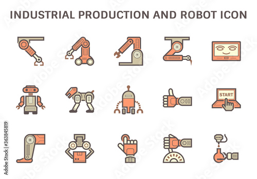 Industrial production robot and computer control vector icon set design.