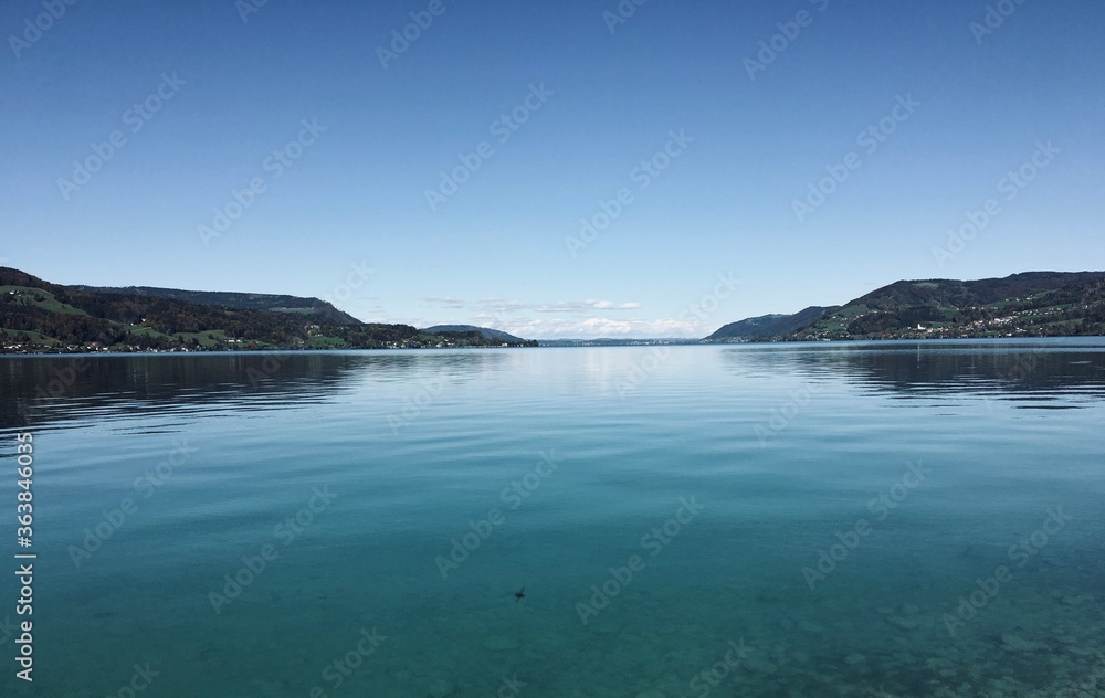 Scenic View Of Lake Against Clear Blue Sky