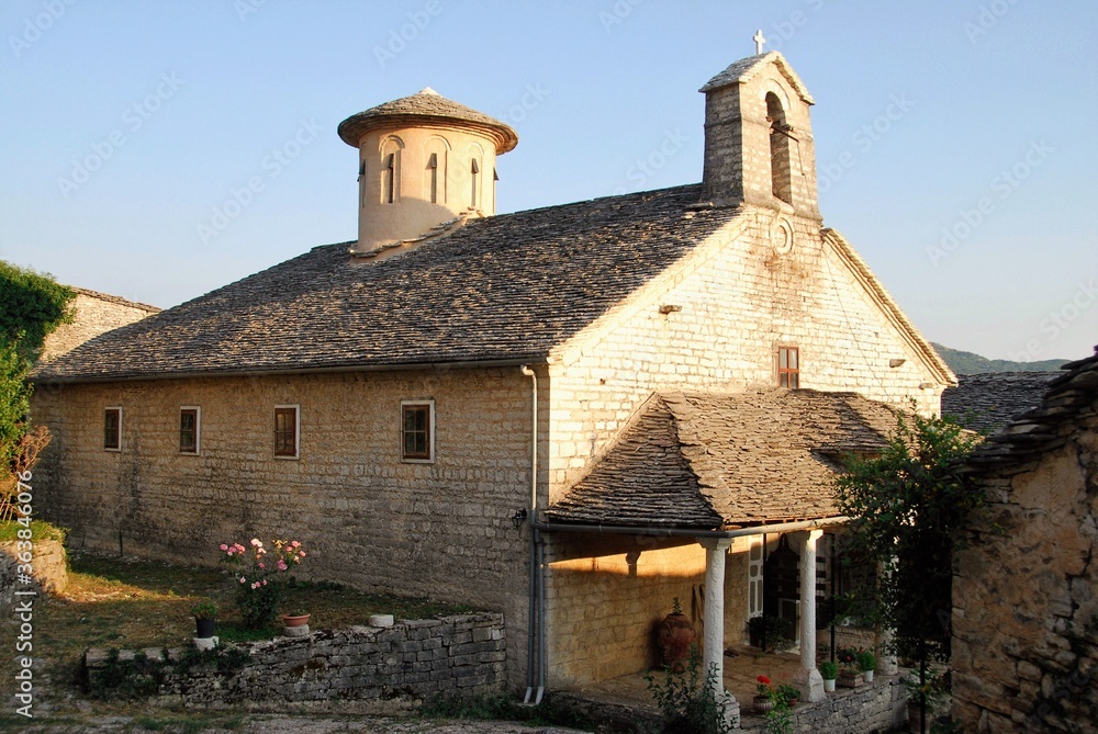 Fototapeta premium The traditional stone-made monastery of Evaggelistria at Ano Pedina village, one of the 45 villages known as Zagoria or Zagorochoria in Epirus region of southwestern Greece, August 9 2010.