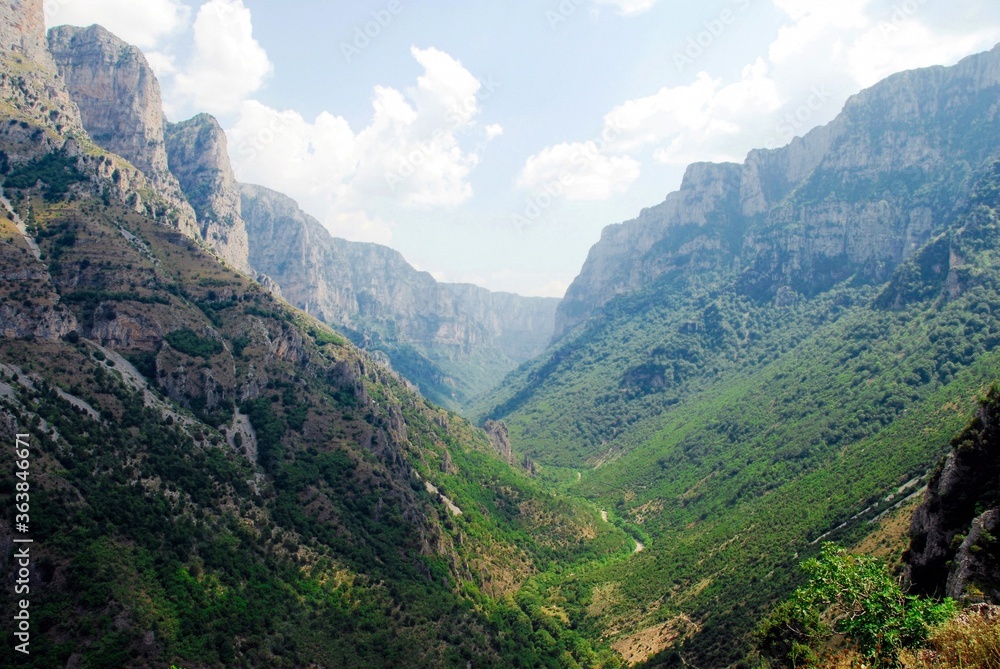 Panoramic view of Tymfi Mountain and Vikos gorge from Vikos village. Zagoria area, Epirus region, northwestern Greece.