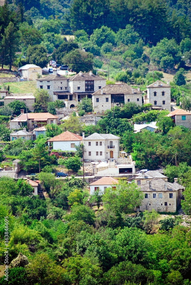 Panoramic view of Aristi village, one of the 45 villages known as Zagoria or Zagorochoria in Epirus region of southwestern Greece.