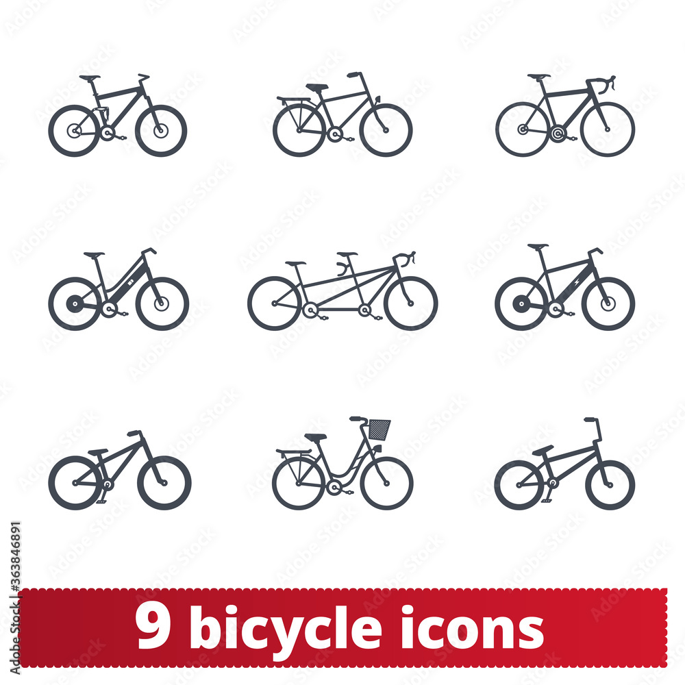 Bicycle icons set. Vector collection of different detailed bike pictograms. Bmx, tandem, e-bike, city, mountain bike etc. Isolated clipart collection on white background. Bicycle icons set. Vector collection of different detailed bike pictograms. Bmx, tandem, e-bike, city, mountain bike etc. Isolated clipart collection on white background.
