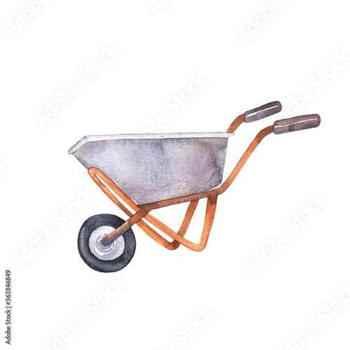 Garden wheelbarrow isolated on white background. Hand drawn watercolor illustration.