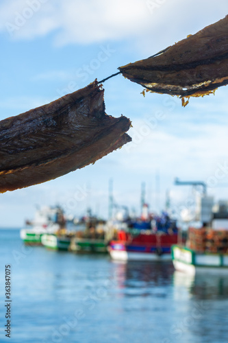 Bokkoms (dried fish) hanging and ready to sell in Kalk Bay, Cape Town, South Africa photo