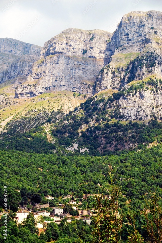 Panoramic view of Tymfi Mountain and Mikro Papigko village, one of the 45 villages known as Zagoria or Zagorochoria in Epirus region of southwestern Greece.