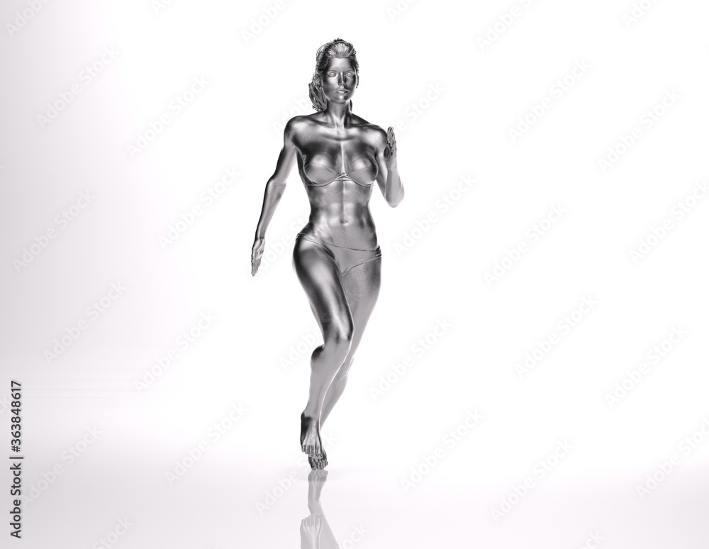 3D Rendering :  a running female character withsilver skin texture with white background