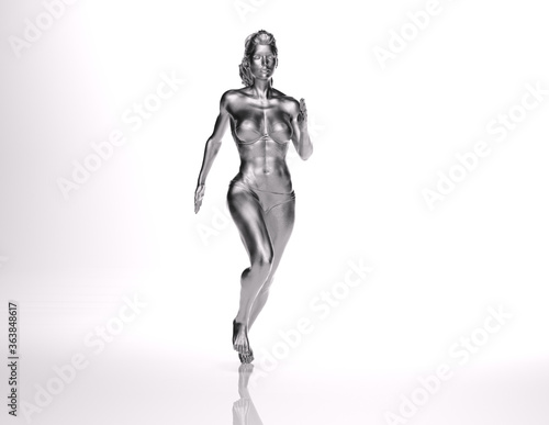 Fototapeta Naklejka Na Ścianę i Meble -  3D Rendering :  a running female character withsilver skin texture with white background