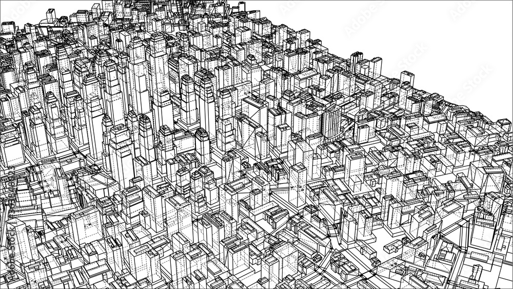 Wire-frame Twisted City, Blueprint Style