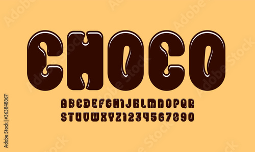 Chocolate trendy font, brown alphabet in the cartoon style, rounded letters from A to Z and numbers from 0 to 9 for you designs: logo, t shirt, card, poster, vector illustration 10EPS