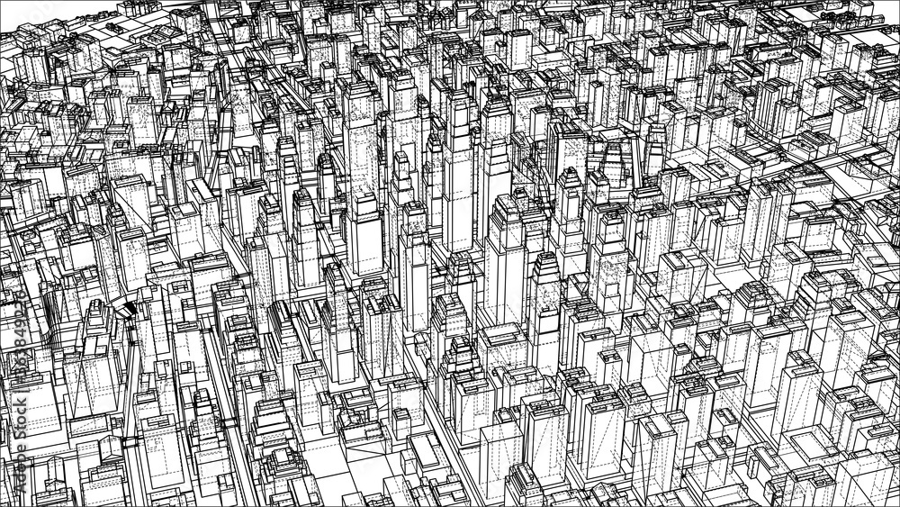 Wire-frame Twisted City, Blueprint Style
