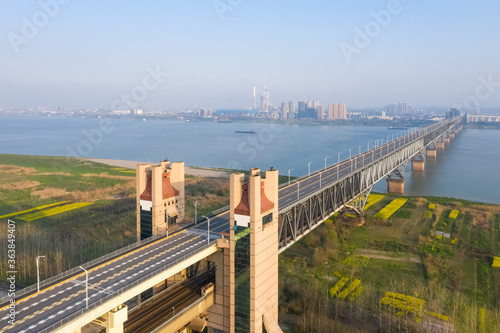 aerial view of the jiujiang yangtze river bridge in spring