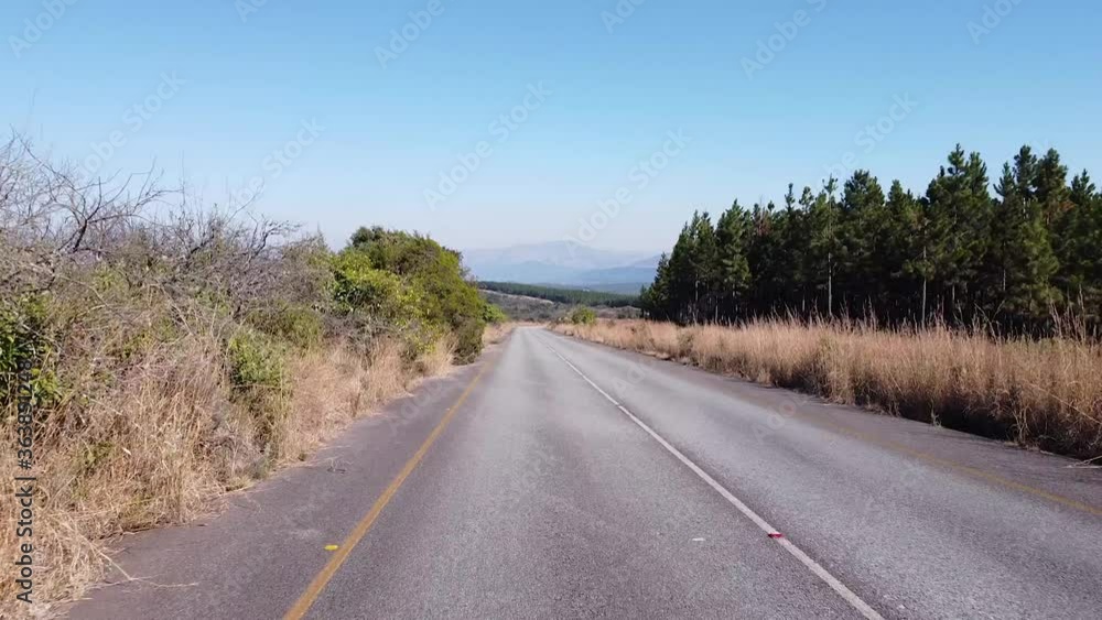 driving on tarmac road in Africa with trees and grass land winter clear skies dry added out of focus with grain and noise driving on tarmac road in Africa with trees and grass land winter clear skies dry added out of focus with grain and noise