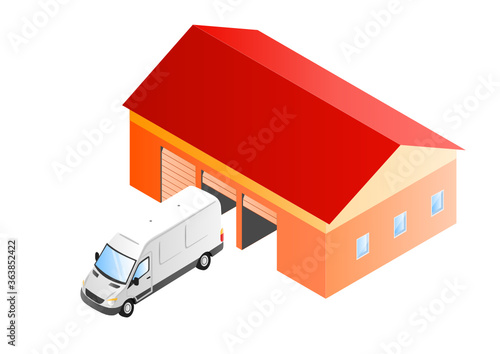 Lagerhall mit Lieferwagen isometrische Illustration
