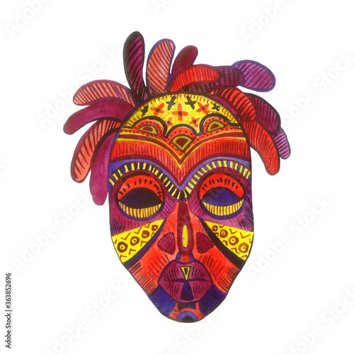 African Shaman Tribal Style Mask - watercolor illustration. Isolated element on white background.