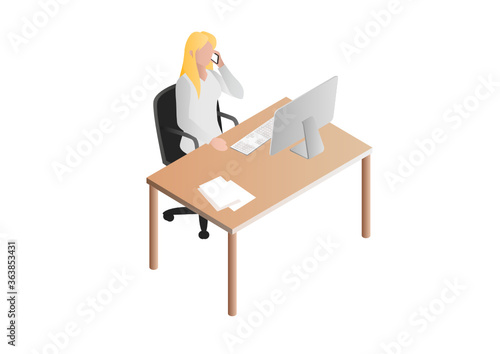 Bürokraft an Arbeitsplatz isometrische Illustration