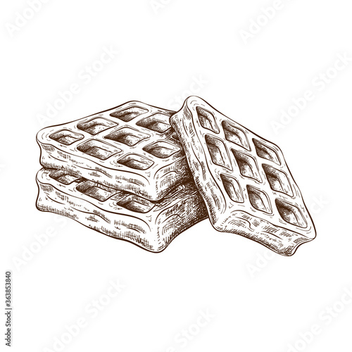 Hand drawn cute waffle isolated on white. vector sketch of stack of belgium wafers in vintage engraved style. sweet cake ink illustration. doodle dessert image for label, logo, bakery menu design.