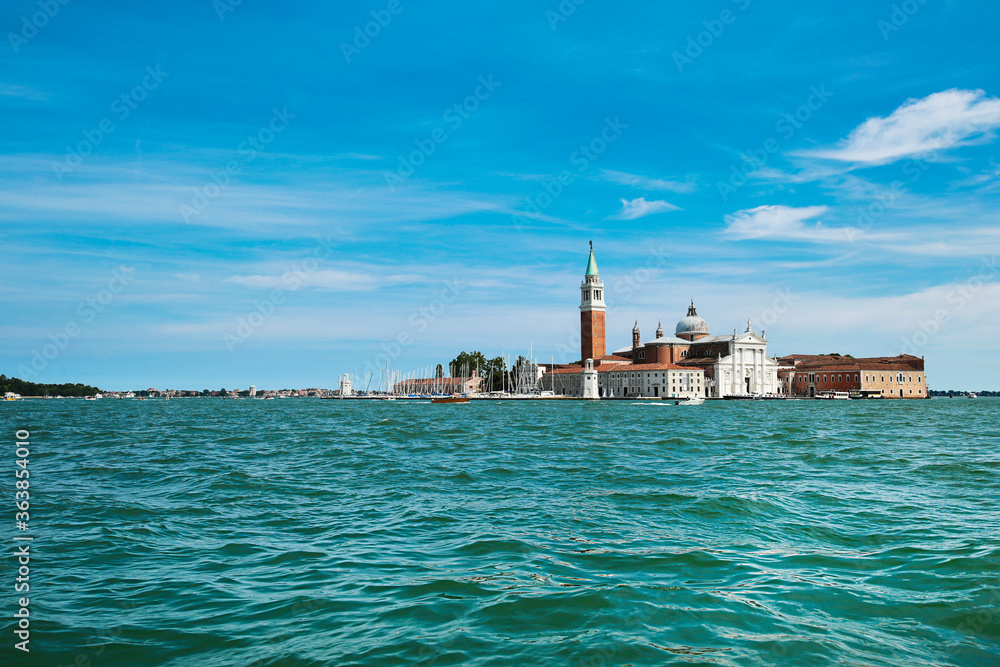 Venice. Magic view from the boat to the main square. Sea, square, Venice. Summer hot day in Italy. 