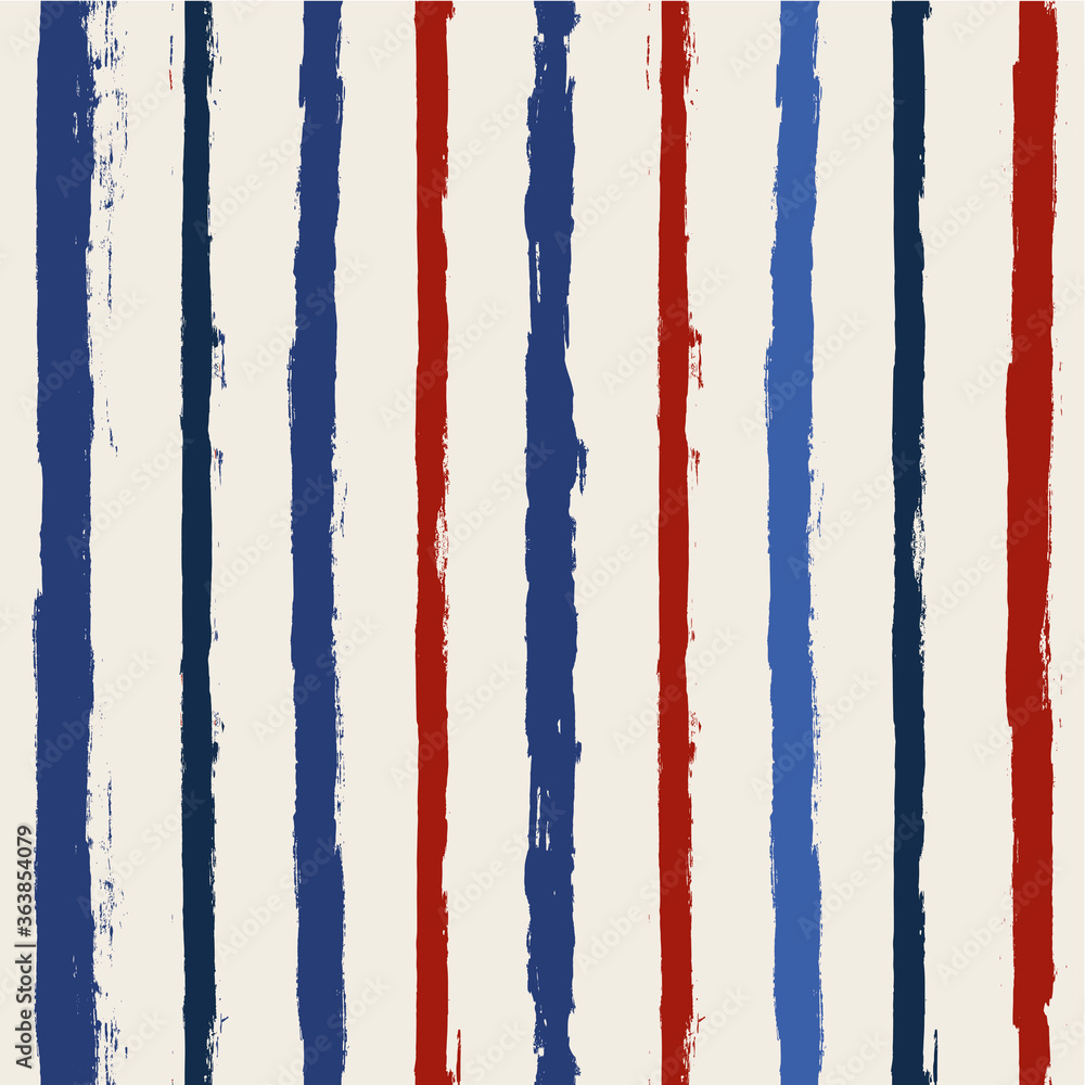 Hand drawn striped pattern, red and blue vertical stripe seamless background in USA patriotic style, watercolor brush strokes. vector grunge stripes, retro paintbrush line backdrop