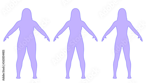 Steps of losing weight woman from fat to slim. Overweight woman before and after weight loss on white background