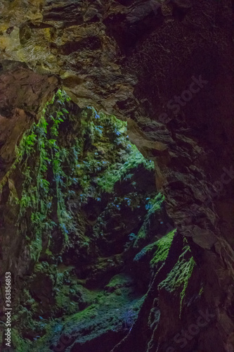 Cave in an extinct volcano on the island of Terceira Gruta do Algar do Carvao. Azores, Portugal