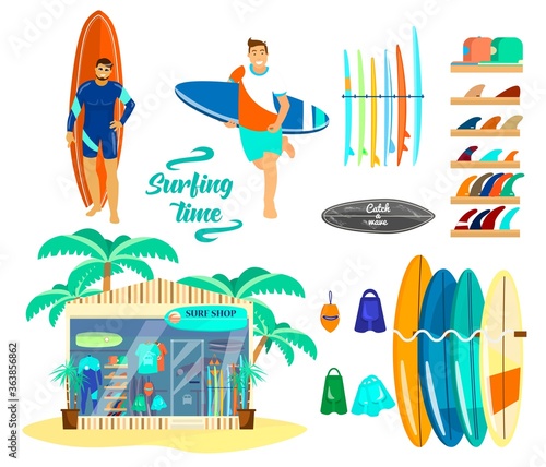 Vector set on surfing theme. Surf shop, surf boards, clothes, tails, flippers, logos, sign, surfer running, man in swim suit standing with board. Flat cartoon.