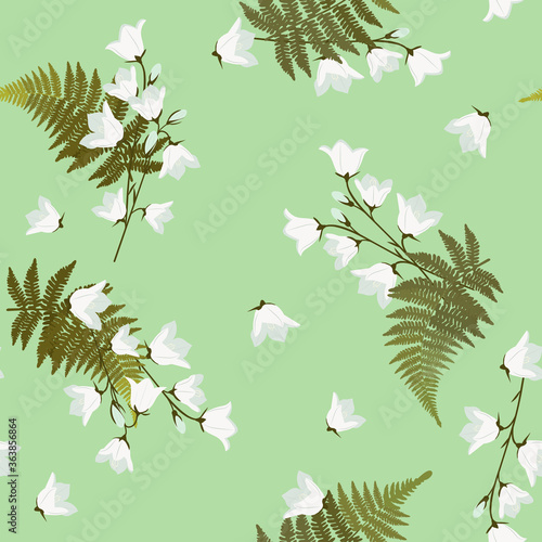 Bluebells and fern leaves on a green background. Seamless vector illustration.