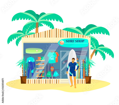 Surf shop front with surfer in wetsuit standing outside. Shop showcase. Surf equipment: boards, clothes, flippers and tails. Flat cartoon vector.