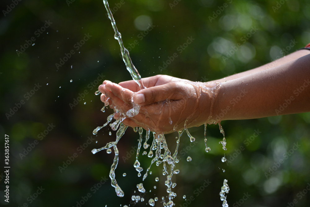 Water Pouring In Kid Two Hand On Nature Background. Hands With Water