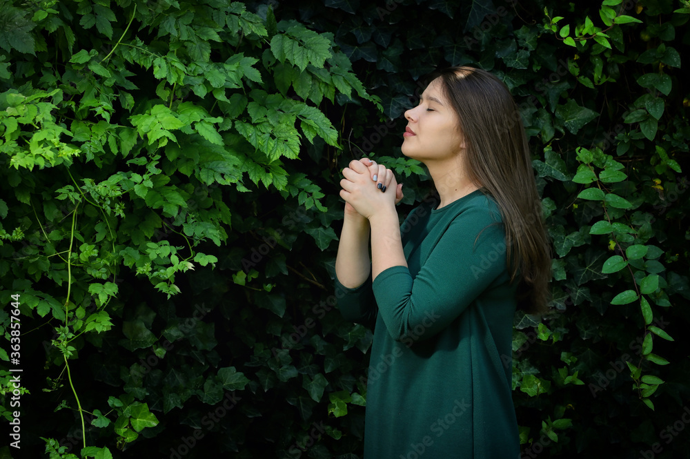 Portrait Young Woman Praying In The Forest Portrait Young Woman Praying In The Forest
