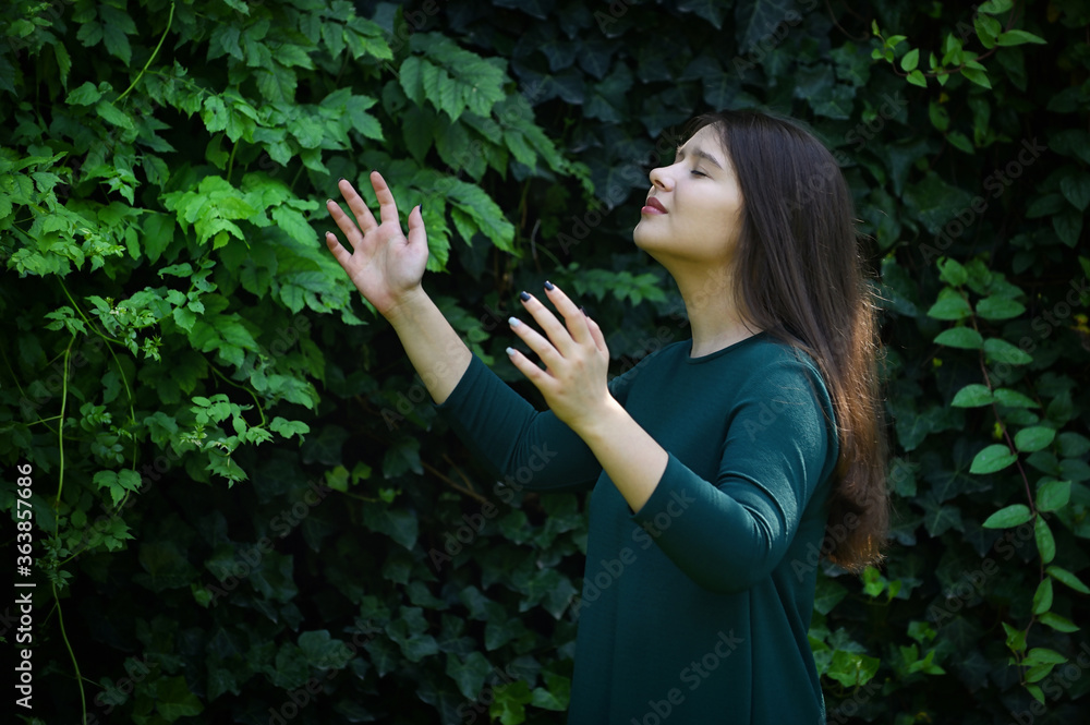 Portrait Young Woman Praying In The Forest Portrait Young Woman Praying In The Forest